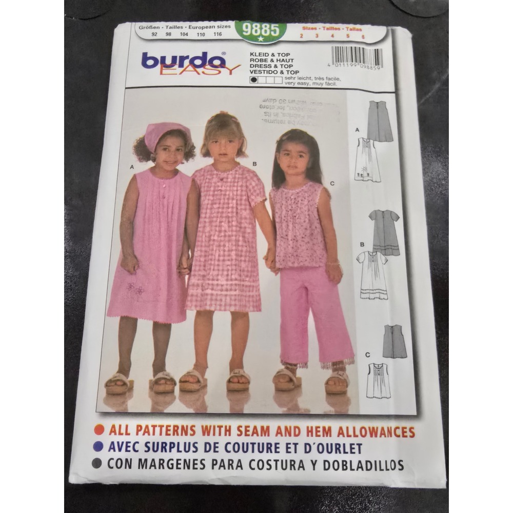 Burda Easy 9885 Girls Dress and Top Sewing Pattern Sizes 2-6 Uncut DIY Kids